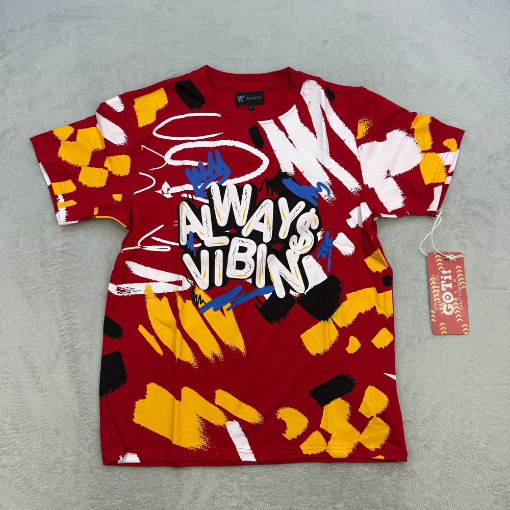 Waimea T Shirt Mens Small Red Always Vibin Graffiti Graphic All Over‎ Print New